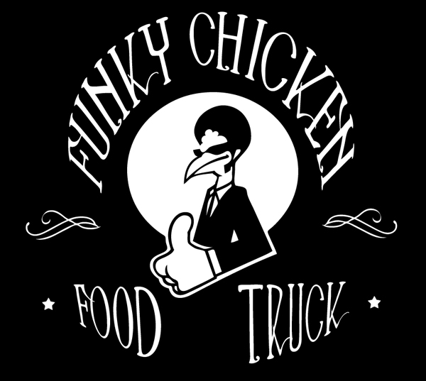 Funky Chicken Food Truck logo – a chicken in sunglasses, suit and tie giving a thumbs-up
